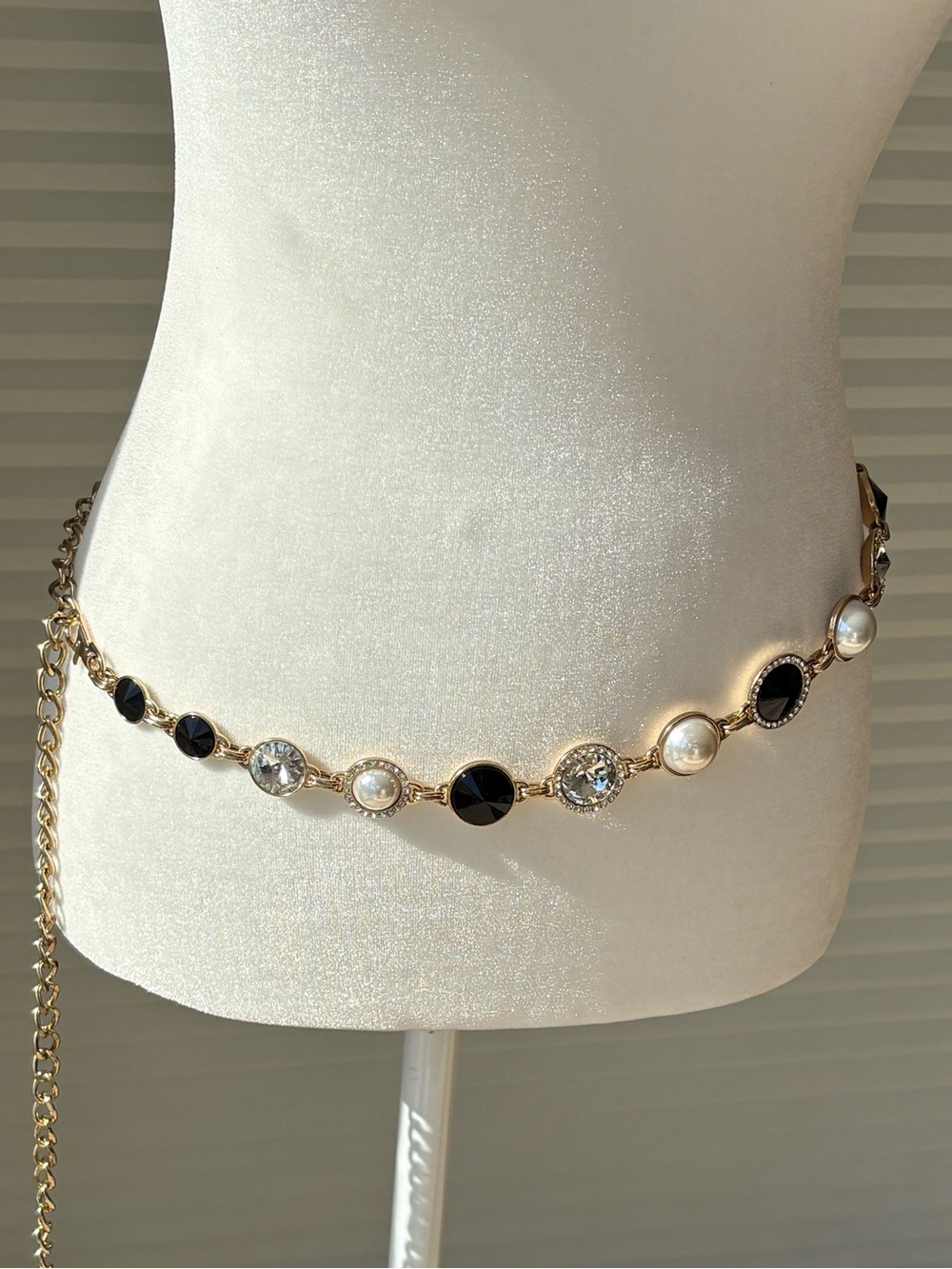 White House Black Market Gold Chain Belt with Pearls, Crystals and Black Stones